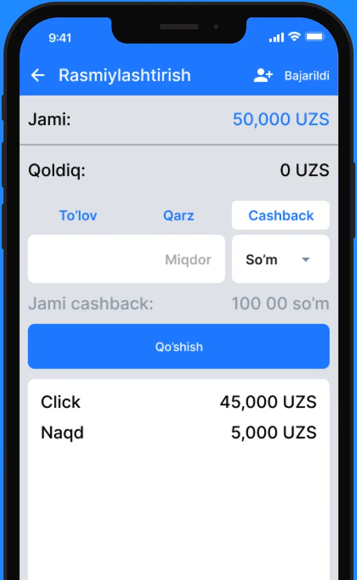 Bito 2.0 ilovasi: kassa ekrani — to'lovni Click va naqdga bo'lish, qarz va cashback