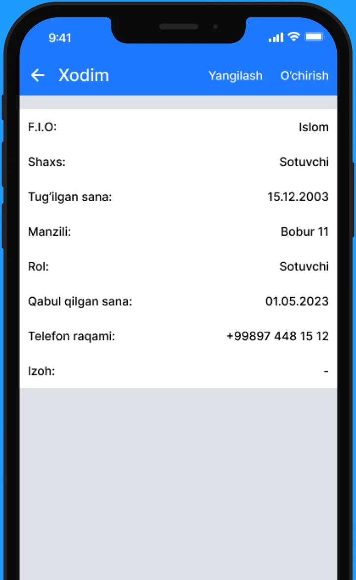 Bito 2.0 ilovasi: xodim kartochkasi — rol, qabul qilingan sana, telefon